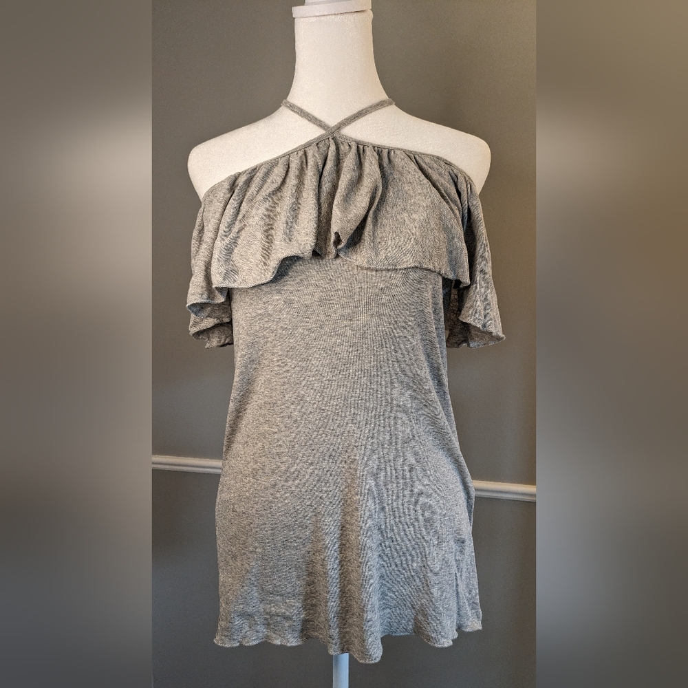 NWT Chaser Women's Size Medium Vintage Rib Cold Shoulder Ruffle Tank Top in Grey